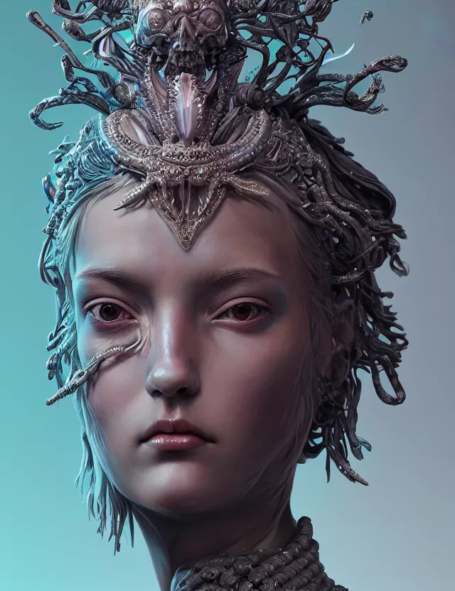 Image similar to symmetrical, centered, zbrush sculpt of goddess close-up portrait wigh crown made of skulls. phoenix betta fish, phoenix, bioluminiscent creature, super intricate ornaments artwork by Tooth Wu and wlop and alena aenami and greg rutkowski