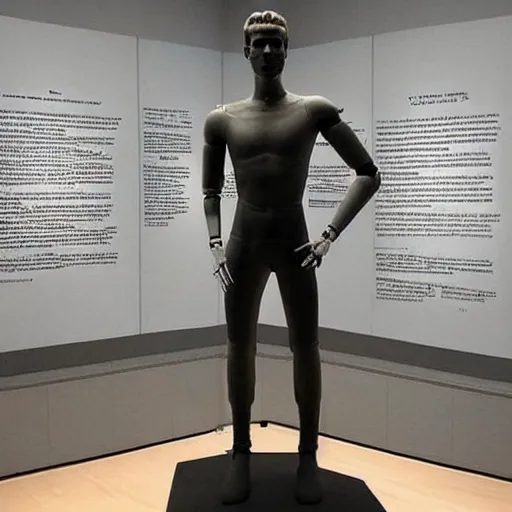 Image similar to “ a realistic detailed photo of a guy who is an attractive humanoid who is half robot and half humanoid, who is a male android, actor liam hemsworth, shiny skin, posing like a statue, blank stare, at the museum, on display ”