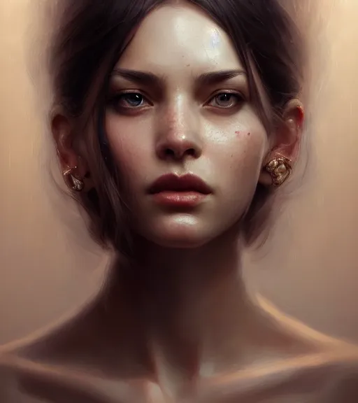 Image similar to portrait of a woman in heightened detail, poised, intense emotion, detailed facial expression, detailed surroundings, intricate, elegant, highly detailed, centered, digital painting, cgsociety, concept art, smooth, sharp focus, illustration, by ( ross tran ), wlop
