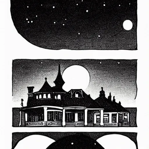 Prompt: seaside victorian building, night, moon in sky, heavy ink!!!!!!! mike mignola