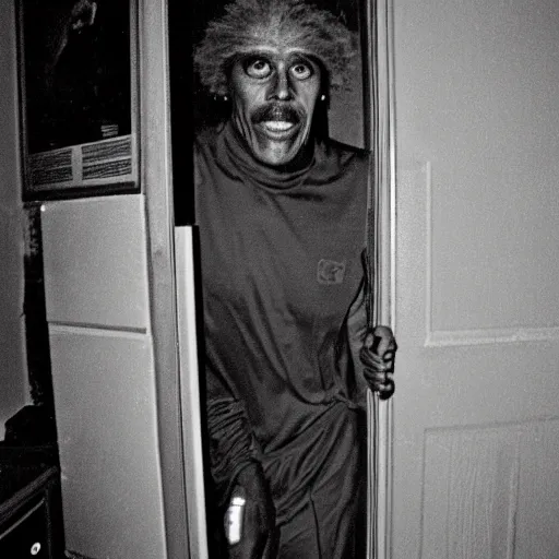 Image similar to grainy photo of julius erving as a creepy monster in a closet, harsh flash