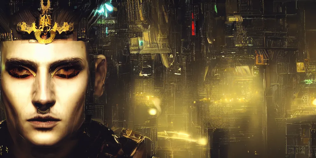 Prompt: realistic portrait of the cyberpunk king with golden black crown and pretty eyes, ultra realistic, 8k