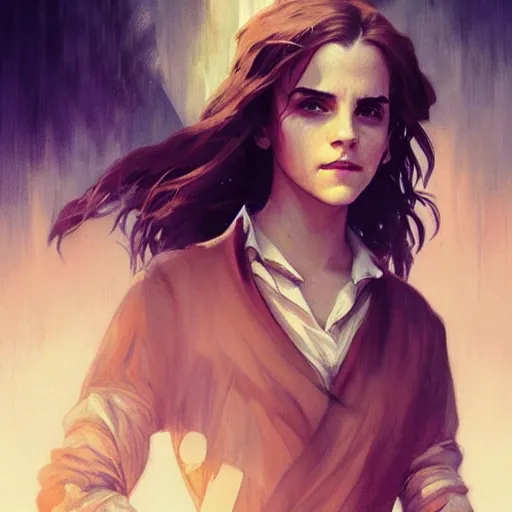 Prompt: Emma watson, Magic the Gathering art, expressive facial features, art by greg rutkowski and alphonse mucha, highly detailed, digital painting, matte painting, concept art, illustration, oppressive lighting, trending on artstation, very detailed