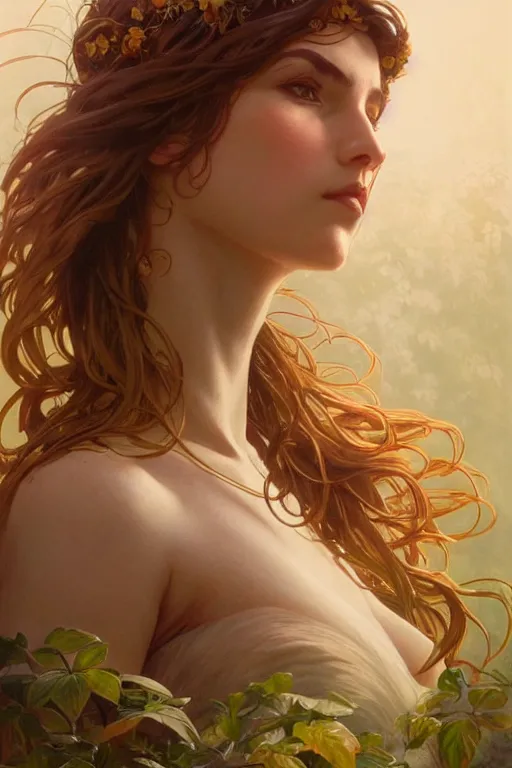 Image similar to goddess of nature, accurate anatomy, only two hands, highly detailed, digital painting, artstation, concept art, smooth, sharp focus, illustration, Unreal Engine 5, 8K, art by artgerm and greg rutkowski and Alphonse Mucha