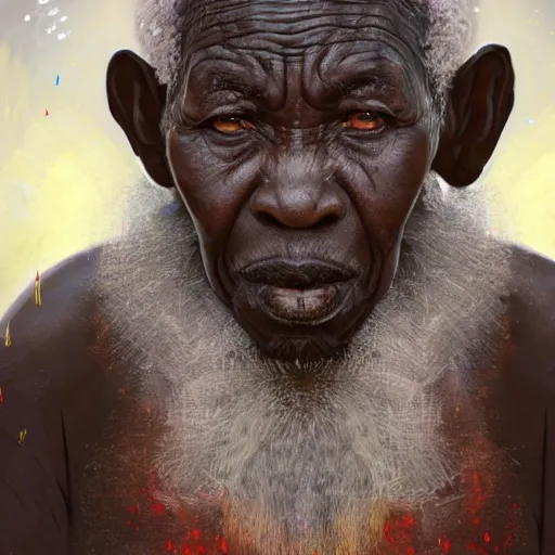 Image similar to a painting of a wise elder from Kenya. dramatic angle, ethereal lights, details, smooth, sharp focus, illustration, realistic, cinematic, artstation, award winning, rgb , unreal engine, octane render, cinematic light, macro, depth of field, blur, red light and clouds from the back, highly detailed epic cinematic concept art CG render made in Maya, Blender and Photoshop, octane render, excellent composition, dynamic dramatic cinematic lighting, aesthetic, very inspirational, arthouse.