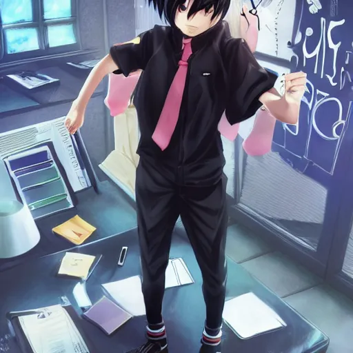 Image similar to aloof anime man with black emo hair wearing baggy shorts, standing in headmistress's office, smug grin, smug expression, punchable expression, punchable face, he's a jerk, sharp details, subsurface scattering, intricate details, art by artgerm, anime, anime hd wallpaper, 2 0 1 9 anime screenshot