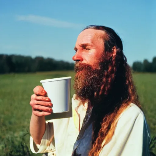 Image similar to portrait of a hippie drinking a coffee on the surface of the sun, kodak portra,