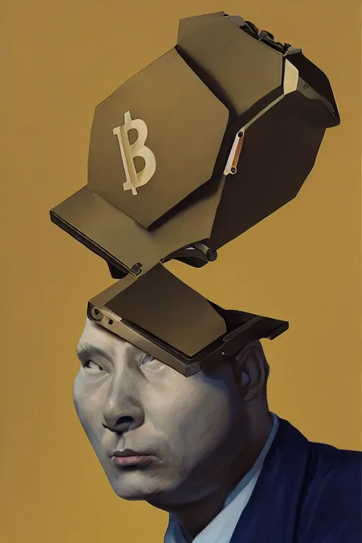 Image similar to satoshi nakamoto wearing oculus and bitcoin over his head edward hopper and james gilleard, zdzislaw beksisnski, higly detailed