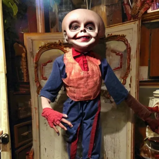Image similar to evil possessed ventriloquist dummy for sale in a creepy dimly lit antique store