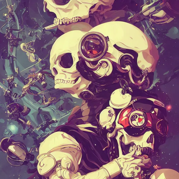 Image similar to anime skull portrait space pirate captain, futuristic science fiction, mucha, hard shadows and strong rim light, art by jc leyendecker and atey ghailan and sachin teng