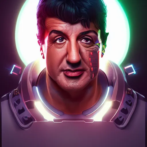 Prompt: portrait of a cyborg sylvester stallone, microchips all over his face, led lights, high technology inplants, mattepainting concept blizzard pixar maya engine on stylized background splash comics global illumination lighting artstation lois van baarle, ilya kuvshinov, rossdraws