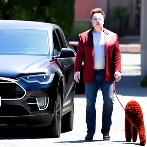 Image similar to a photo of elon musk walking on the street with his big mutant poodle, f 2. 8, 1 0 0 mm lens