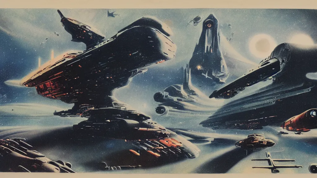 Image similar to spaceship design by paul lehr and jack gaughan and john schoenherr, epic cinematic matte painting