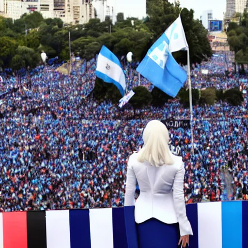 Image similar to Lady Gaga as president, Argentina presidential rally, Argentine flags behind, bokeh, giving a speech, detailed face, Argentina