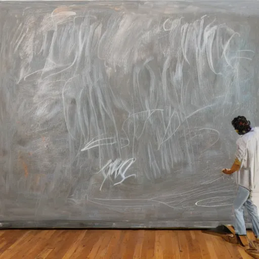 Image similar to large scale chalkboard painting by cy twombly, sparse brush strokes, high resolution art scan, well lit