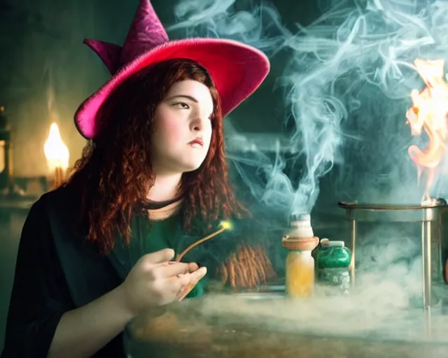 Prompt: close up portrait, dramatic lighting, concentration, calm confident teen witch and her cat mixing a spell in a cauldron, a little smoke fills the air, a witch hat and cape, a little green smoke is coming out of the cauldron, ingredients on the table, apothecary shelves in the background, still from disney show