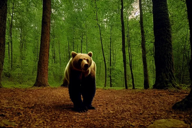 Image similar to a movie still of a bear in a forest by walerian borowczyk, immoral tales, grain, technicolor, high definition, remastered, wide angle, 7 0 mm, wide shot, cinematic