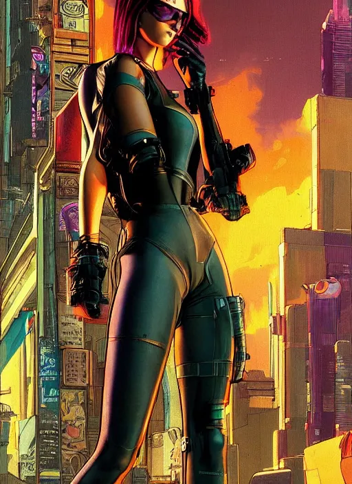 Prompt: cyberpunk hitwoman. portrait by mœbius and will eisner and gil elvgren and pixar. realistic proportions. cyberpunk 2 0 7 7, apex, blade runner 2 0 4 9 concept art. cel shading. attractive face. thick lines.