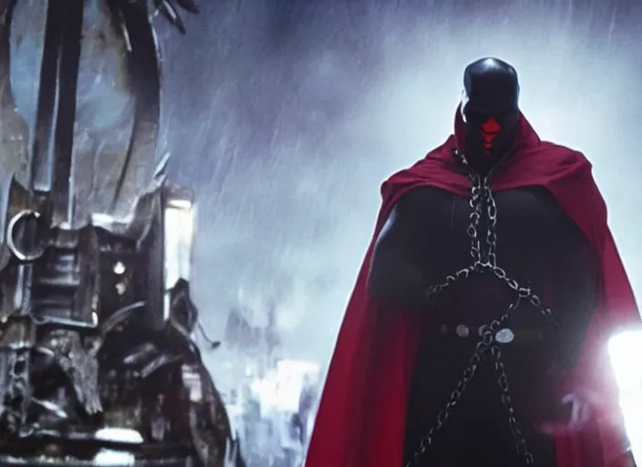 Image similar to film still of jamie foxx as spawn in the new spawn movie, giant chains, large cape, 8 k