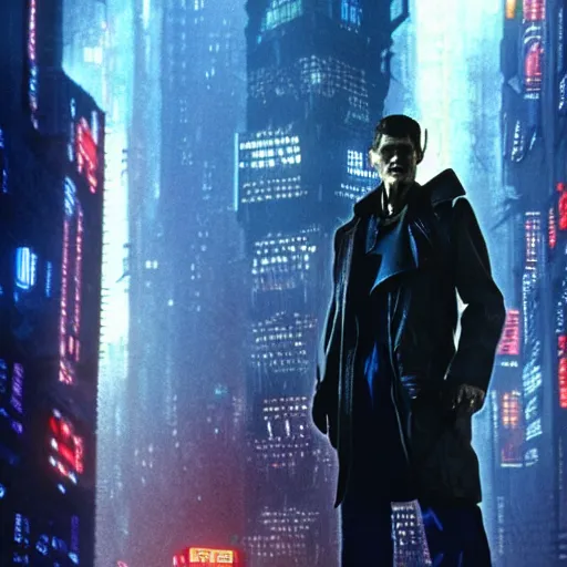 Image similar to william dafoe as a cyborg in a cyberpunk story in a distopic futuristic city in the style of bladerunner, movie still, highly detailed