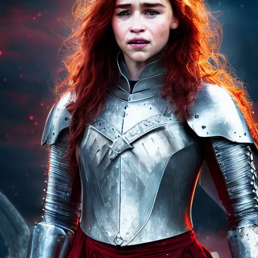 Image similar to emilia clarke, as a medieval fantasy character, with dark reddish hair, wearing light, silver armor and red clothing, tan complexion, holding a longsword, determined expression, noble, cinematic, dark, realistic, digital art, 8 k