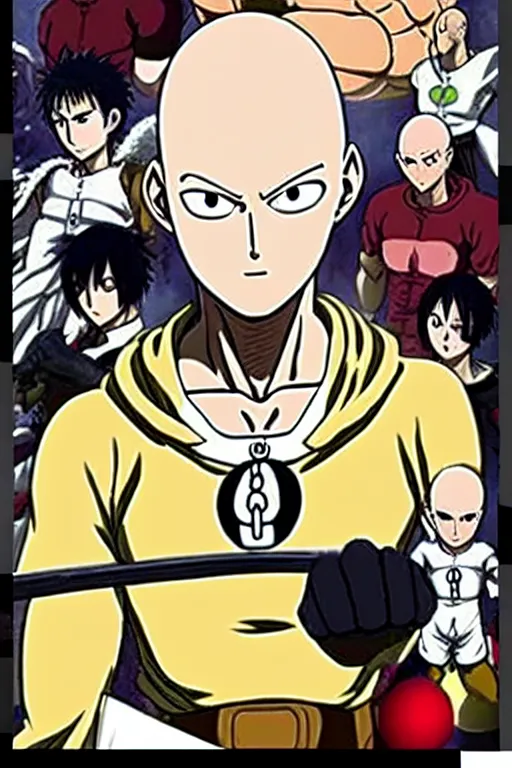 Image similar to baker saitama one punch man, armed with french baguettes