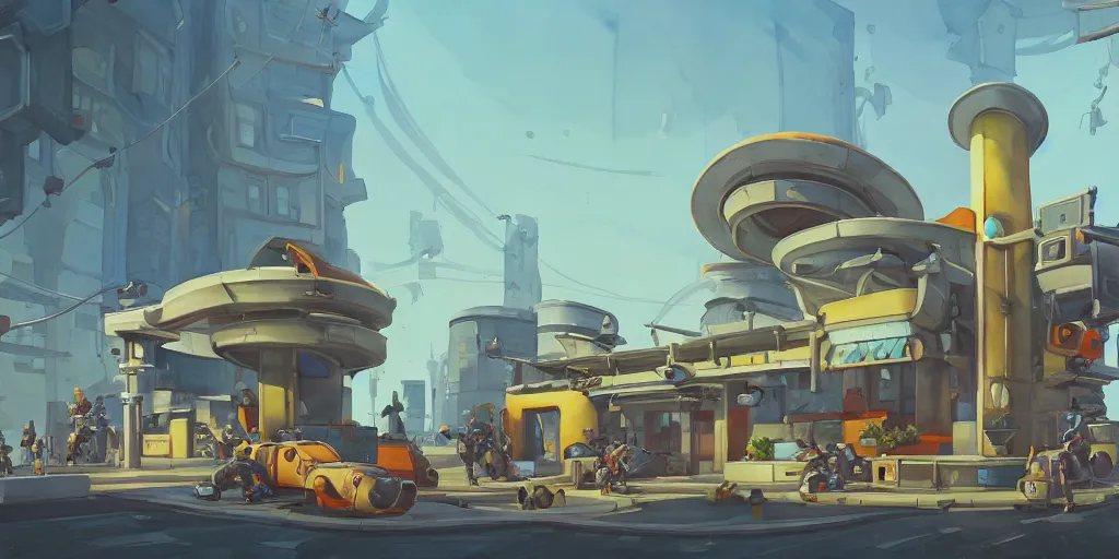 Image similar to overwatch building, stylized, exterior, architecture, in watercolor gouache detailed paintings, insanely detail, artstation, 8 k, futuristic, big medium small, arcane, simon stalenhag, food stall, interesting shapes & form, golden ratio, hard surface, props, lots of decoration and furniture