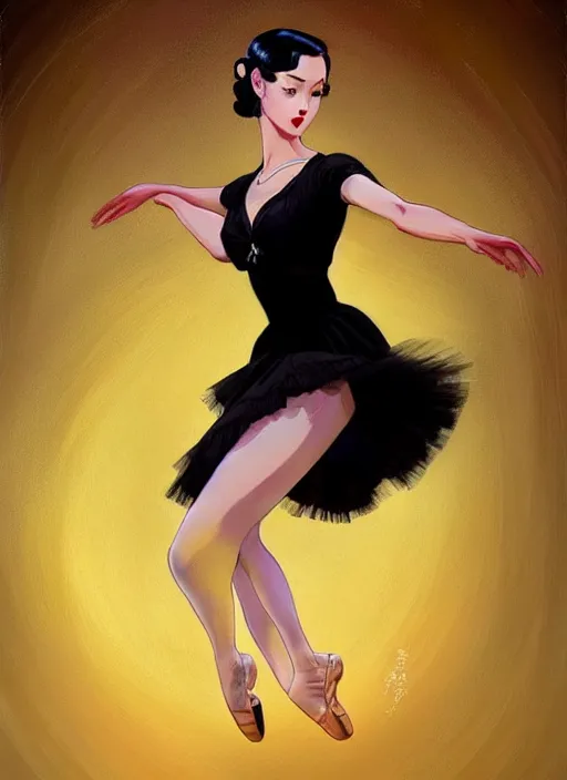 Image similar to a beautiful dancer with black hair in 1940's fashion, ballroom background, intricate, highly detailed, digital painting, artstation, official media, anime key visual, concept art, rich vivid colors, ambient lighting, sharp focus, illustration, art by Artgerm, Makoto Shinkai, Ilya Kuvshinov, Lois Van Baarle, and Rossdraws