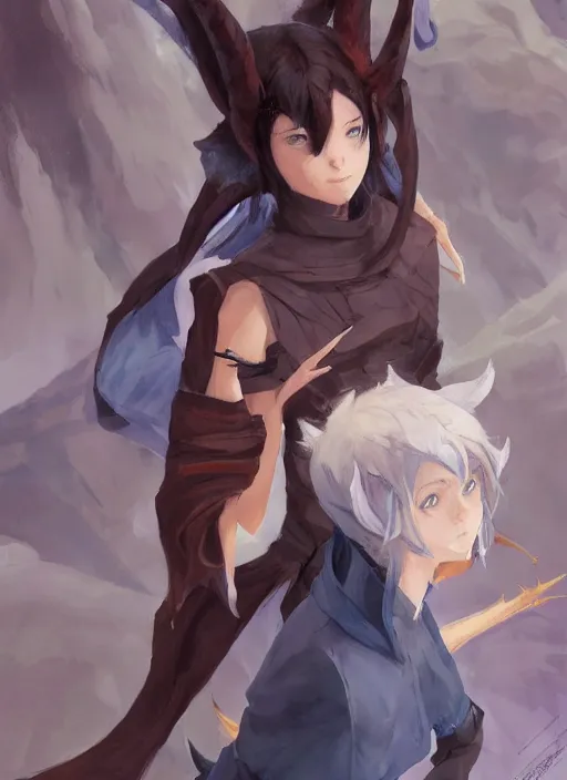 Image similar to concept art painting of a woman with brown skin and short white hair, demon horns, elf ears, full clothing, blue clothes, robes, detailed, cel shaded, in the style of ruan jia and artgerm and makoto shinkai and james gurney