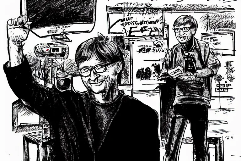 Image similar to microsoft co - founder bill gates presenting the xbox at ces, a page from cyberpunk 2 0 2 0, style of paolo parente, style of mike jackson, adam smasher, johnny silverhand, 1 9 9 0 s comic book style, white background, ink drawing, black and white