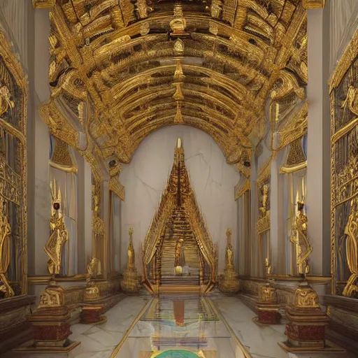 Prompt: Fantasy Asian inspired royal palace foyer with infinitely high ceilings, infinitely long corridors, wide grand staircase, Buddhist imagery, bejeweled, natural lighting, digital painting, concept art by Shaddy Safadi