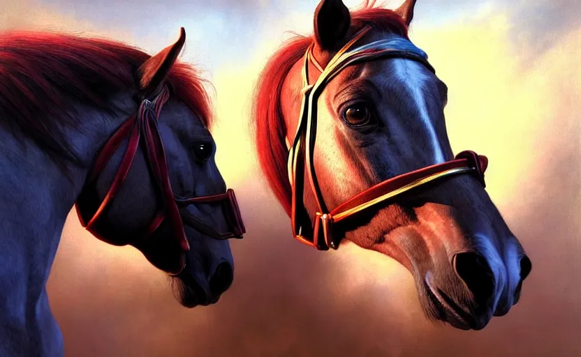 Image similar to a resplendant impressive portrait of a noble horse rearing up. fantasy art, alex ross, heroic lighting, very very very beautiful raytraced rendering