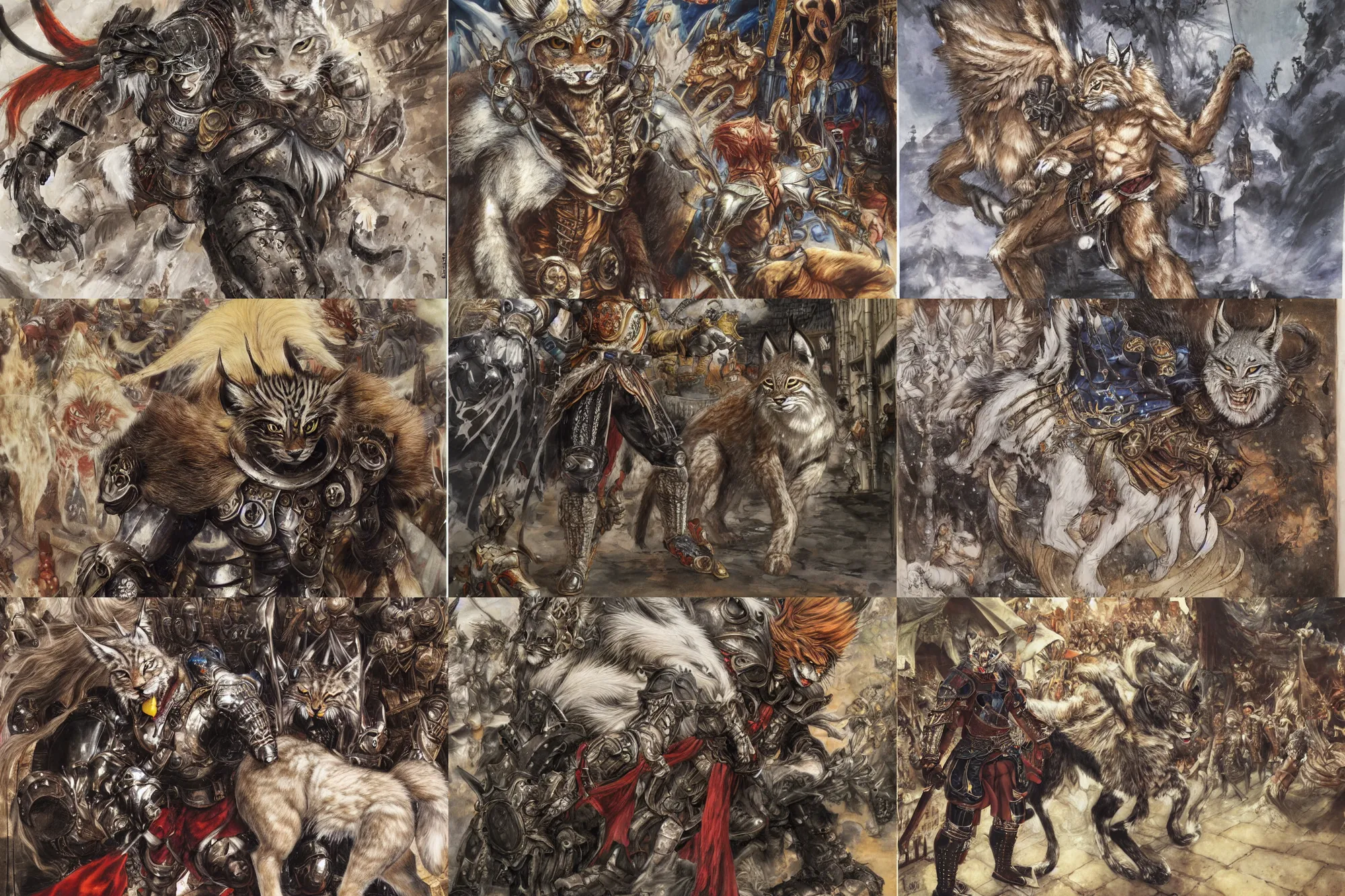 Image similar to 8k Yoshitaka Amano painting of upper body of a young cool looking lynx beast-man with white mane at a medieval market at windy day. Depth of field. He is wearing complex fantasy armors. He has huge paws. Renaissance style lighting.