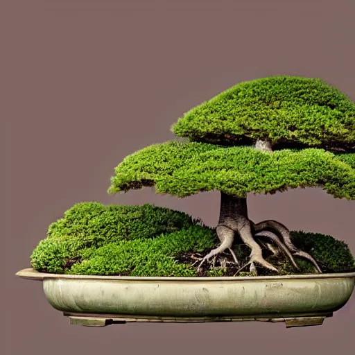 Image similar to A picture of a planet of various flowers, fungus and plants, Bonsai , in which the human figure is dressed in something magical and impressive, inside the picture is infinity, muted light, BotanicalAtmospheric phenomenon, artistic photography, muted colors, conceptual, Kodachrome