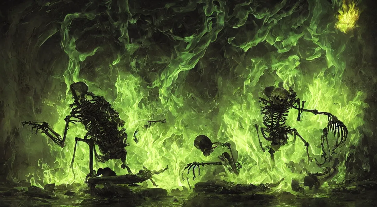 Prompt: A highly detailed oil painting by Greg Rutkowski of a skeleton wearing black robes making a potion in a huge bubbling cauldron glowing bright green, with lots of fire coming from it, highly detailed fantasy concept artwork, very realistic, green and black color scheme, graffiti.