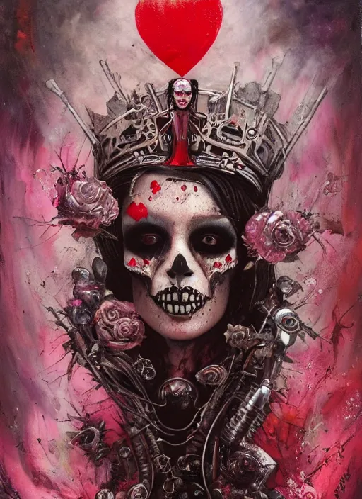 Image similar to queen of hearts, cyborg, skull, highly detailed, cinematic, 8 k, by megan duncanson, benjamin lacombe, adrian borda, stanley artgermm, tom bagshaw, craig mullins, carne griffiths, ayami kojima, beksinski, giger, trending on deviantart, hyper detailed, horror, full of colour