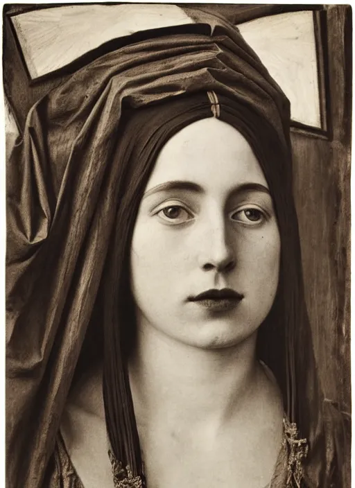 Image similar to portrait of young woman in renaissance dress and renaissance headdress, art by edward weston