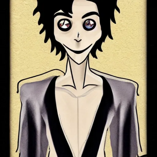 Image similar to young man portrait, black hair, skinny, corpse bride art style