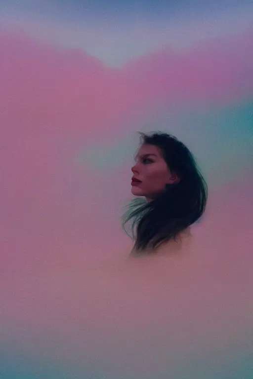 Image similar to high quality pastel coloured film close up wide angle photograph of a model wearing clothing swimming on cloud furniture in a icelandic black rock!! environment in a partially haze filled dreamstate world. three point light, rainbow. photographic production. art directed. pastel colours. volumetric clouds. pastel gradient overlay. waves glitch artefacts. extreme facial clarity. 8 k. filmic.