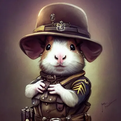 Image similar to cute little anthropomorphic Guinea Pig ww1 soldier, tiny, small, short, military outfit, cute and adorable, pretty, beautiful, DnD character art portrait, matte fantasy painting, DeviantArt Artstation, by Jason Felix by Steve Argyle by Tyler Jacobson by Peter Mohrbacher, cinema