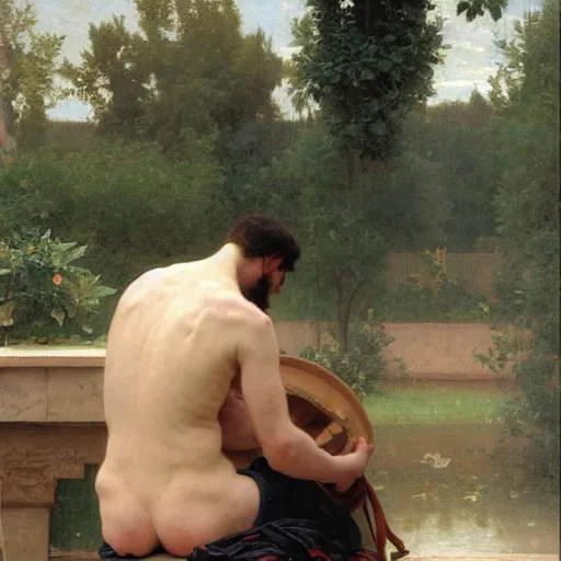 Image similar to an oil painting of an man playing a package, he doing sorting package, view from back, by Bouguereau, highly detailed and intricate, 1500,