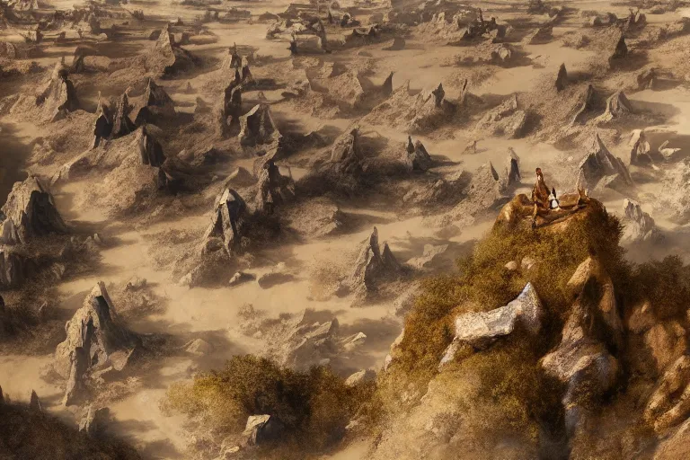 Prompt: high aerial shot, fantasy landscape, sunset lighting ominous shadows, cinematic fantasy painting, dungeons and dragons, barren dry land, desert valley of bones, sand dunes, cracked mud, dry river bed, rock outcroppings, one single autumn maple bonsai, by jessica rossier and brian froud and hr giger