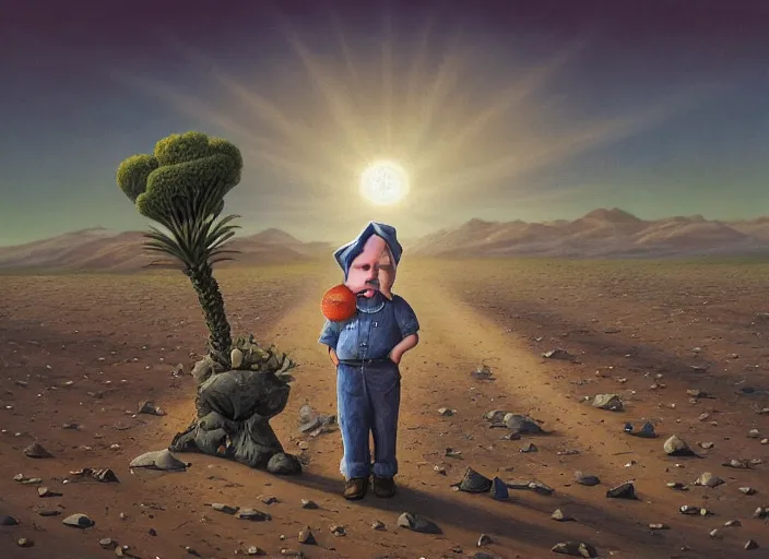 Image similar to a forgotten garden gnome in a vast barren desert, hopeless wasteland background with a relentless raging sun overhead, an ultrafine detailed painting by mark ryden, trending on deviantart, pop surrealism, whimsical, lowbrow, perfect symmetrical face