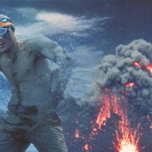 Prompt: a Caucasian man with swimming goggles and cap, fighting Godzilla during a volcanic eruption