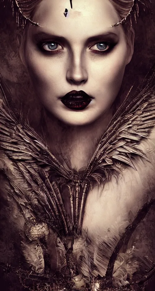 Image similar to a single faced portrait of the enchantress queen with a stunning timeless beauty, breathtaking eyes, perfect skin, feathered eyelashes, royal gothic dress with a lot of leather, heavy silent hill aesthetic, incredibly intricate, digital art, blender, houdini & photoshop, very elegant & complex, hyper-maximalist, overdetailed, epic cinematic quality, biblical art lighting, photorealistic, lifelike, OLED, DSLR HDR 8k, face is the focus, facial feature symmetry, hyper composed, created by Nixeu & z--ed from deviantart