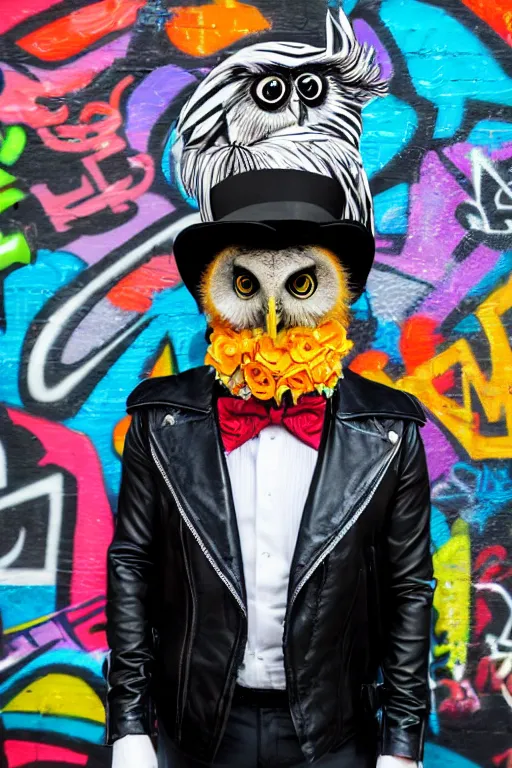 Prompt: gentleman owl with black biker jacket, portrait photo, wall with colorful graffiti, studio photo, suit, bow tie, tophat, tophat, no flowers