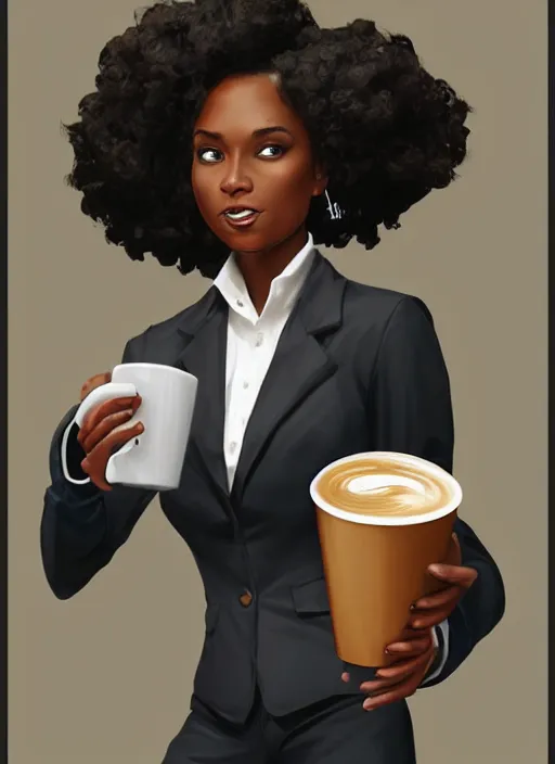 Image similar to detailed digital painting of beautiful black woman with natural hair in corporate attire holding a steaming coffee mug, fanart behance trending on artstation, concept art, matte, sharp focus, illustration, corner office background, hearthstone, art by artgerm and greg rutkowski and alphonse mucha