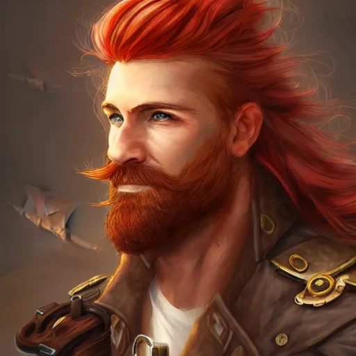 Image similar to rugged ship captain, 3 0 years old, male, handsome, masculine, red hair, long hair, soft hair, fantasy, intricate, elegant, highly detailed, steampunk, airship, digital painting, artstation, concept art, character art, smooth, sharp focus, illustration, art by artgerm