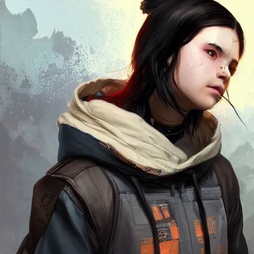 Image similar to a pale young girl with black hair, 1 8, in a hoodie, and a cat, apex legends character, digital illustration portrait design, by android jones and greg rutkowski, retrowave color scheme, detailed, cinematic lighting, wide angle action dynamic portrait