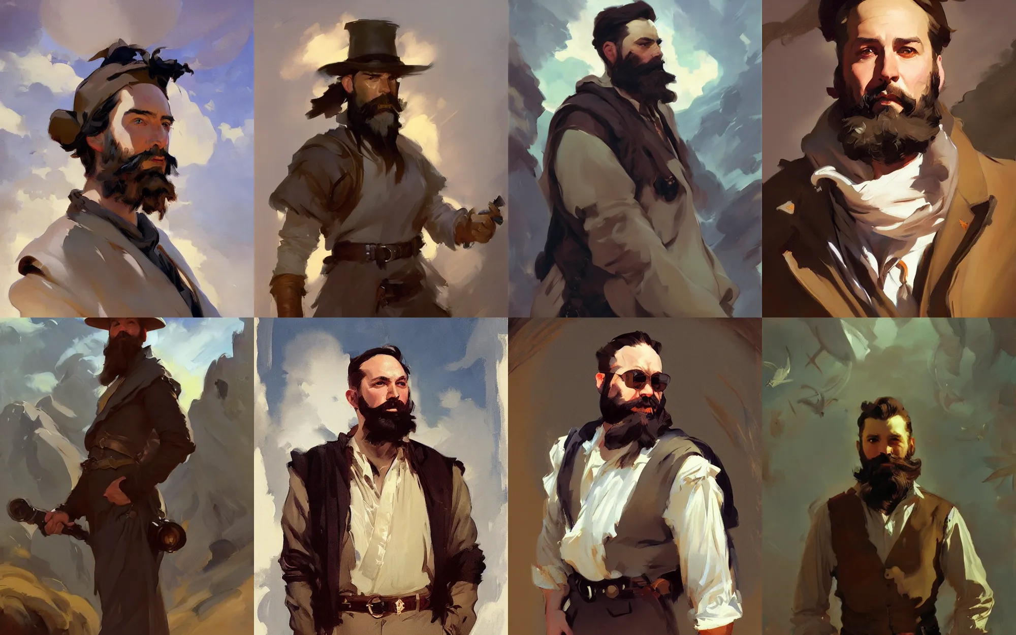 Prompt: portrait of bearded man traveler greg manchess painting by by sargent and leyendecker, d & d, fantasy, medium shot, asymmetrical, intricate, elegant, matte painting, illustration, hearthstone, by greg rutkowski, by greg tocchini, by james gilleard, by joe fenton